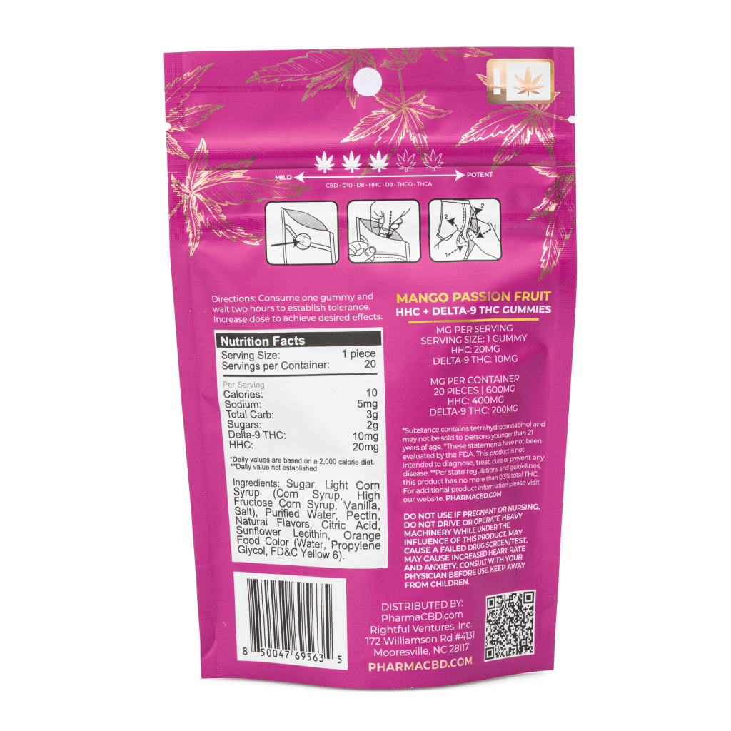 PharmaTHC HHC / Delta 9 THC Gummies – Mango Passion Fruit (400 mg Total HHC + 200 mg Total Delta 9 THC) - Image 2